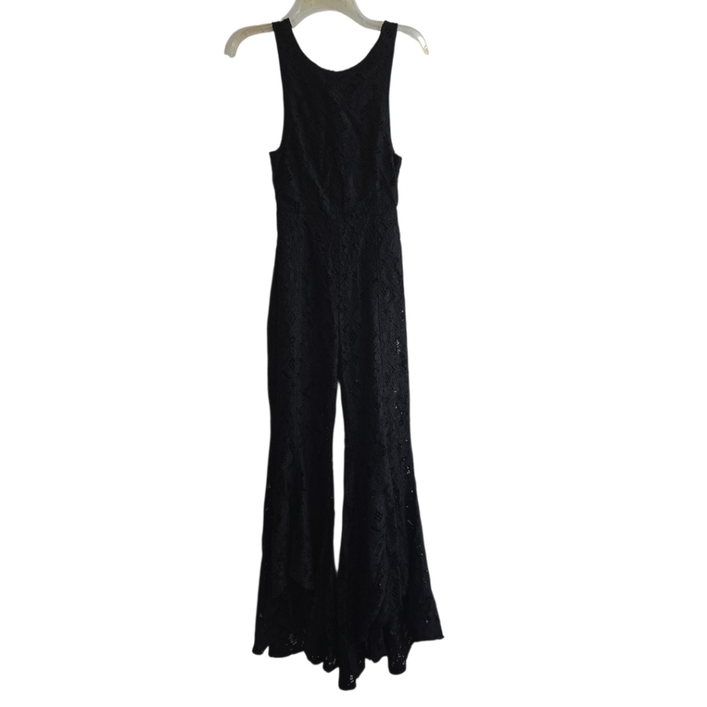 Free People Rise & Shine Black Lace Jumsuit Bell Bottom Flare Leg 2 Open Back - Picture 2 of 8